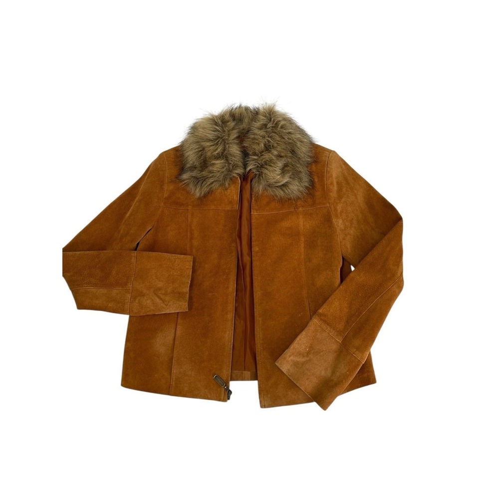 Vtg Fur Collar Suede Leather Camel Brown Jacket Boho Cowgirl Moto Size Small - Picture 13 of 14